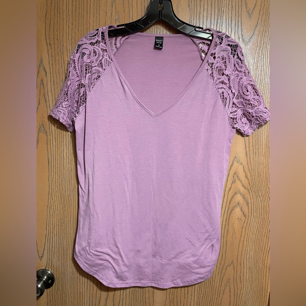 Lilac Purple Blouse with Lace Sleeves and V Neck